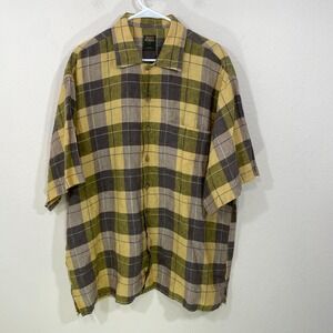 Vintage‎ Scott Barber Shirt Mens XL 100% Linen Plaid  Short Sleeve Yellow Brown